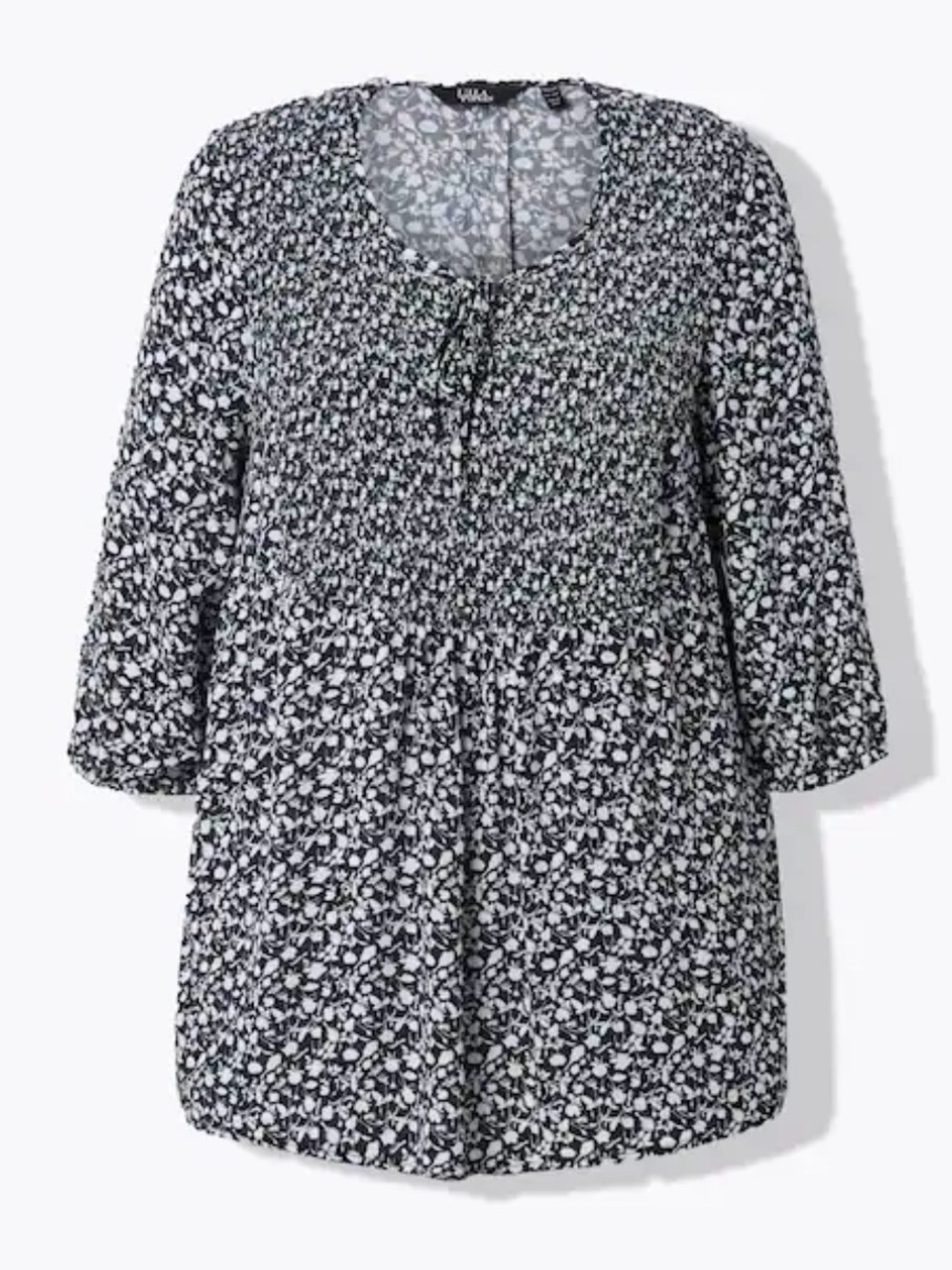 EUC Ulla Popken Black & White Smocked Floral Peasant Tunic